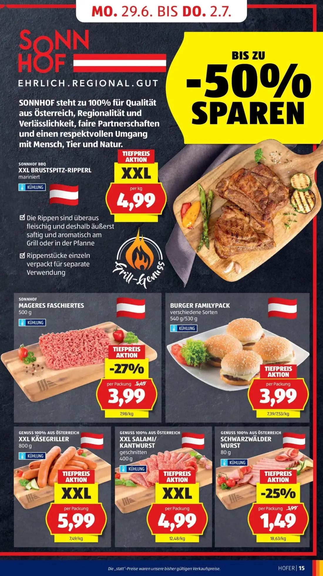 Hofer Prospekt, Seite 19 von 41 — MAGERES FASCHIERTES, XXL BRUSTSPITZ-RIPPERL mariniert, BURGER FAMILYPACK