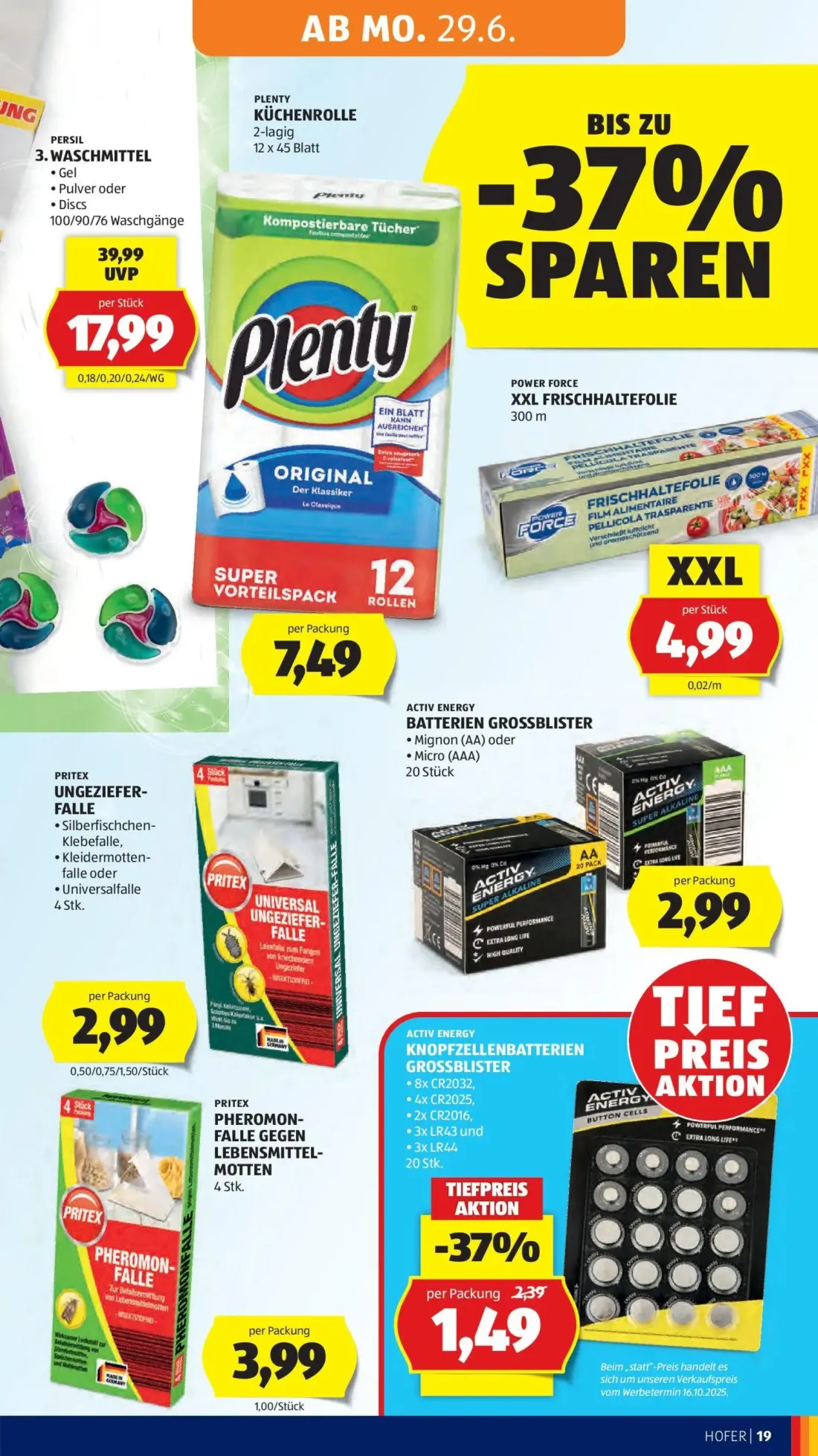 Hofer Prospekt, Seite 24 von 41 — PERSIL WASCHMITTEL, ACTIV ENERGY KNOPFZELLENBATTERIEN GROSSBLISTER, PLENTY KÜCHENROLLE