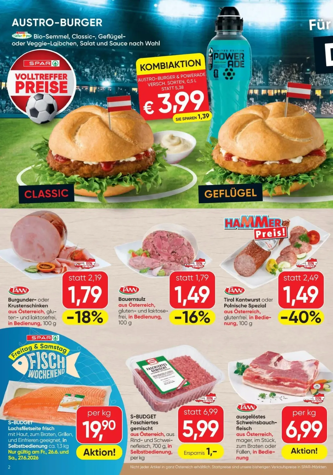 Spar Prospekt, Seite 2 von 12 — AUSTRO-BURGER & POWERADE, Tirol Kantwurst oder Polnische Spezial, S-BUDGET Faschiertes gemis…