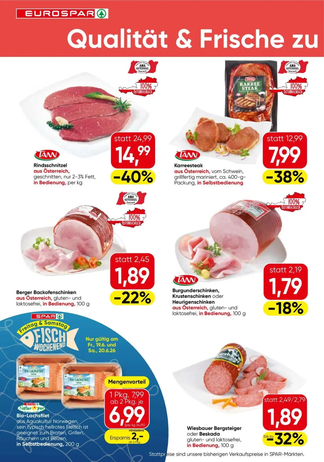 Eurospar Prospekt, Seite 2 von 16 — Rindsschnitzel, Karreesteak, Wiesbauer Bergsteiger oder Beskada