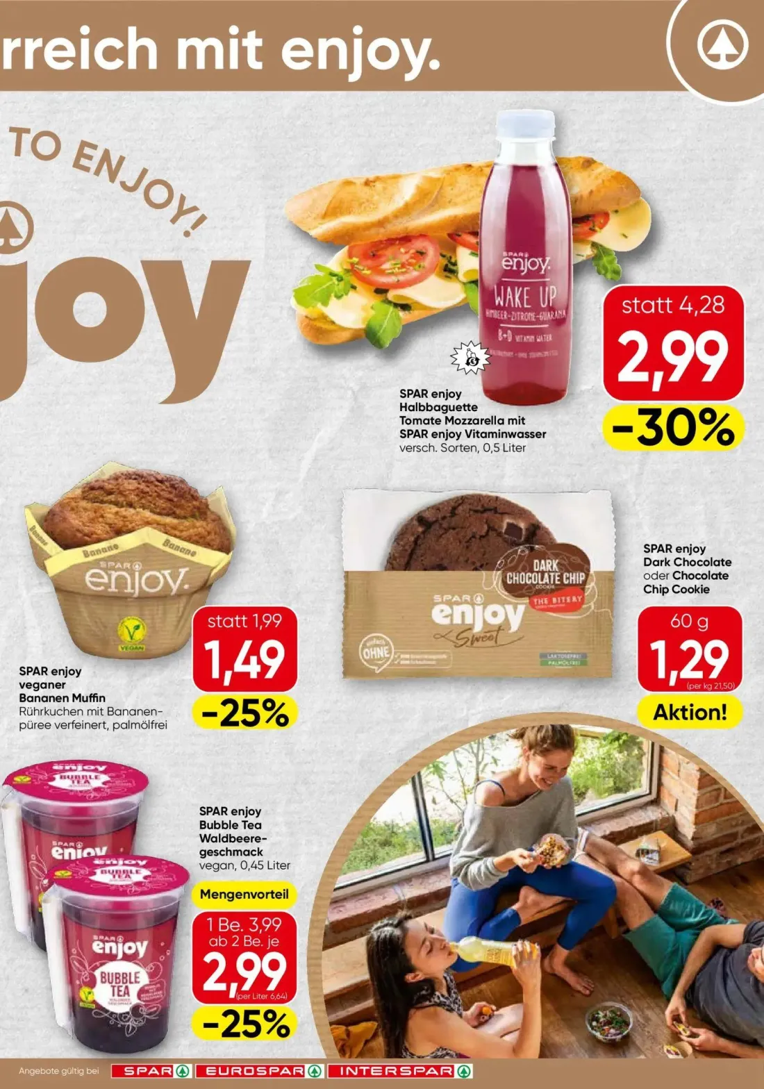 Spar Prospekt, Seite 3 von 4 — SPAR enjoy Halbbaguette Tomate Mozzarella mit SPAR enjoy Vitaminwasser, SPAR enjoy Bubble Tea…