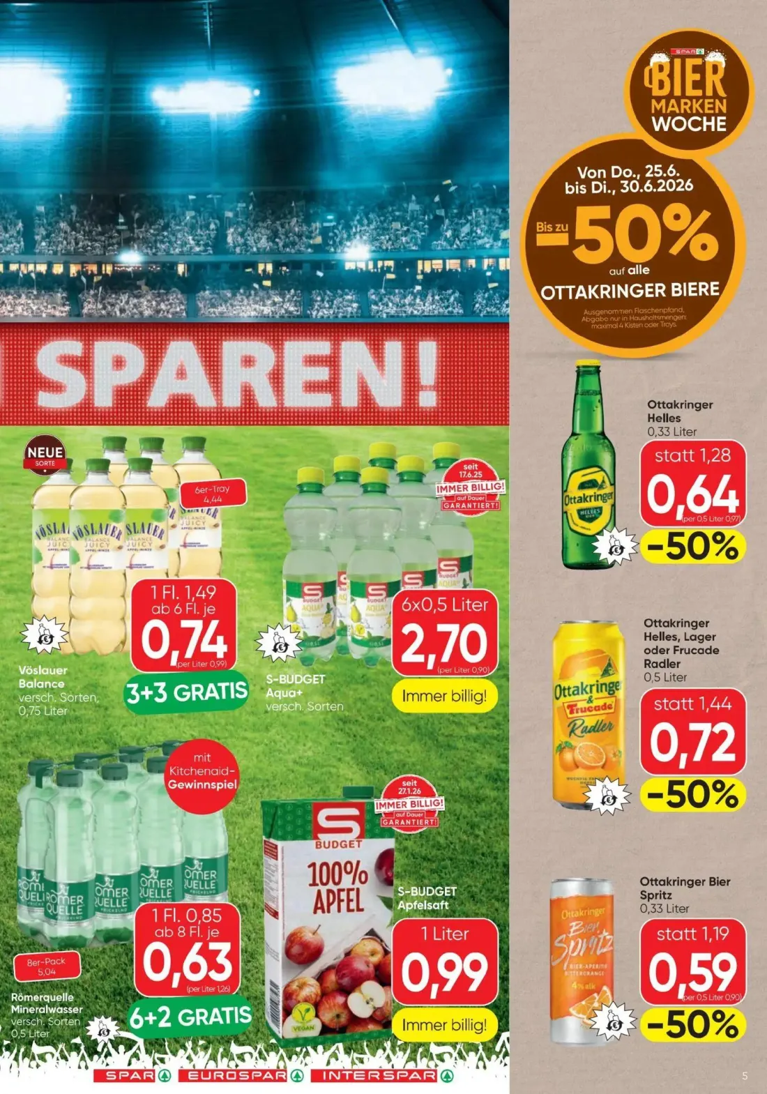 Spar Prospekt, Seite 5 von 12 — Vöslauer Balance, Ottakringer Helles, Lager oder Frucade Radler, Ottakringer Helles