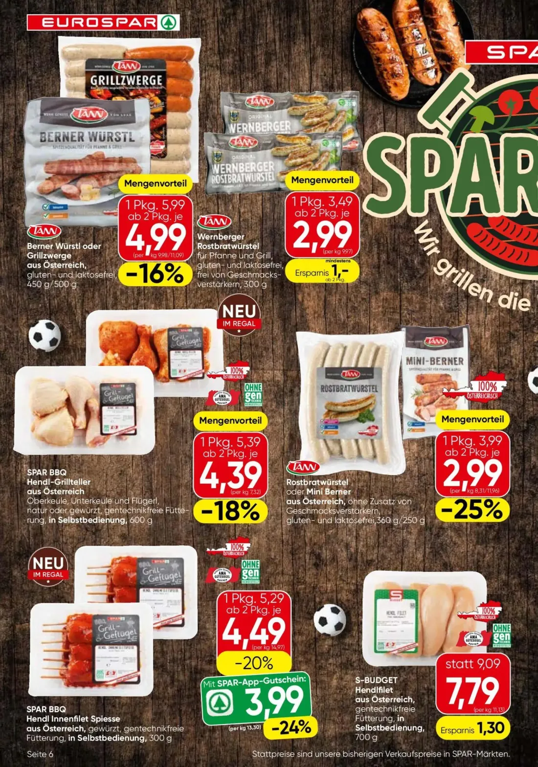 Eurospar Prospekt, Seite 6 von 16 — SPAR BBQ Hendl Innenfilet Spiesse, Berner Würstl oder Grillzwerge, SPAR BBQ Hendl-Grillt…