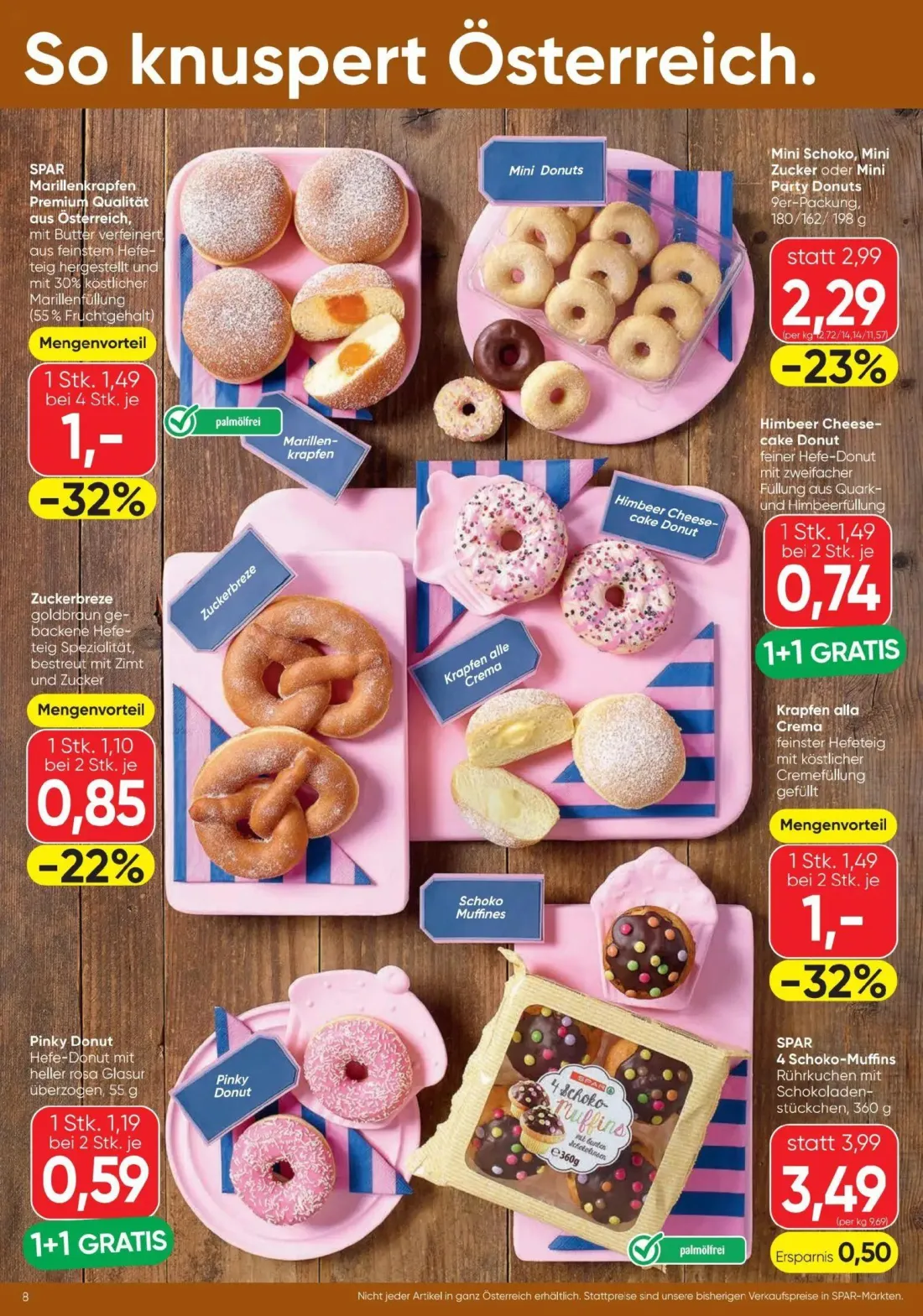 Spar Prospekt, Seite 8 von 12 — Himbeer Cheese-cake Donut, Mini Schoko, Mini Zucker oder Mini Party Donuts, Pinky Donut