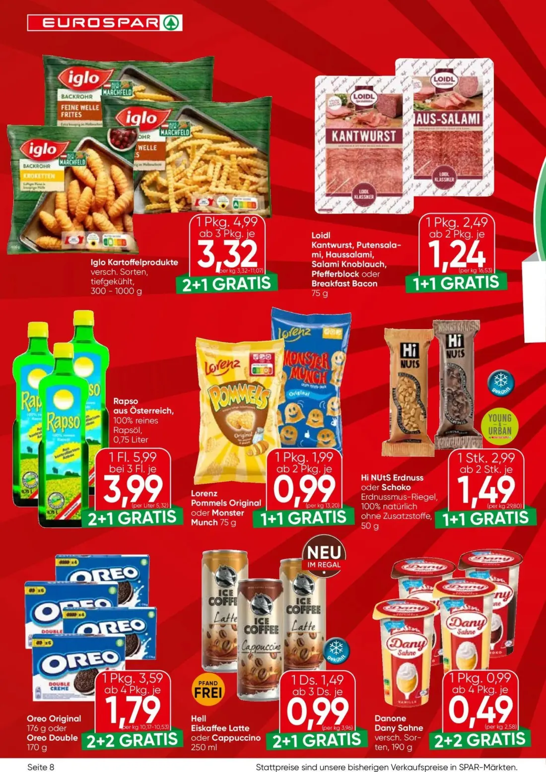 Eurospar Prospekt, Seite 8 von 16 — Oreo Original oder Oreo Double, Hi NUtS Erdnuss oder Schoko Erdnussmus-Riegel, Loidl Kan…