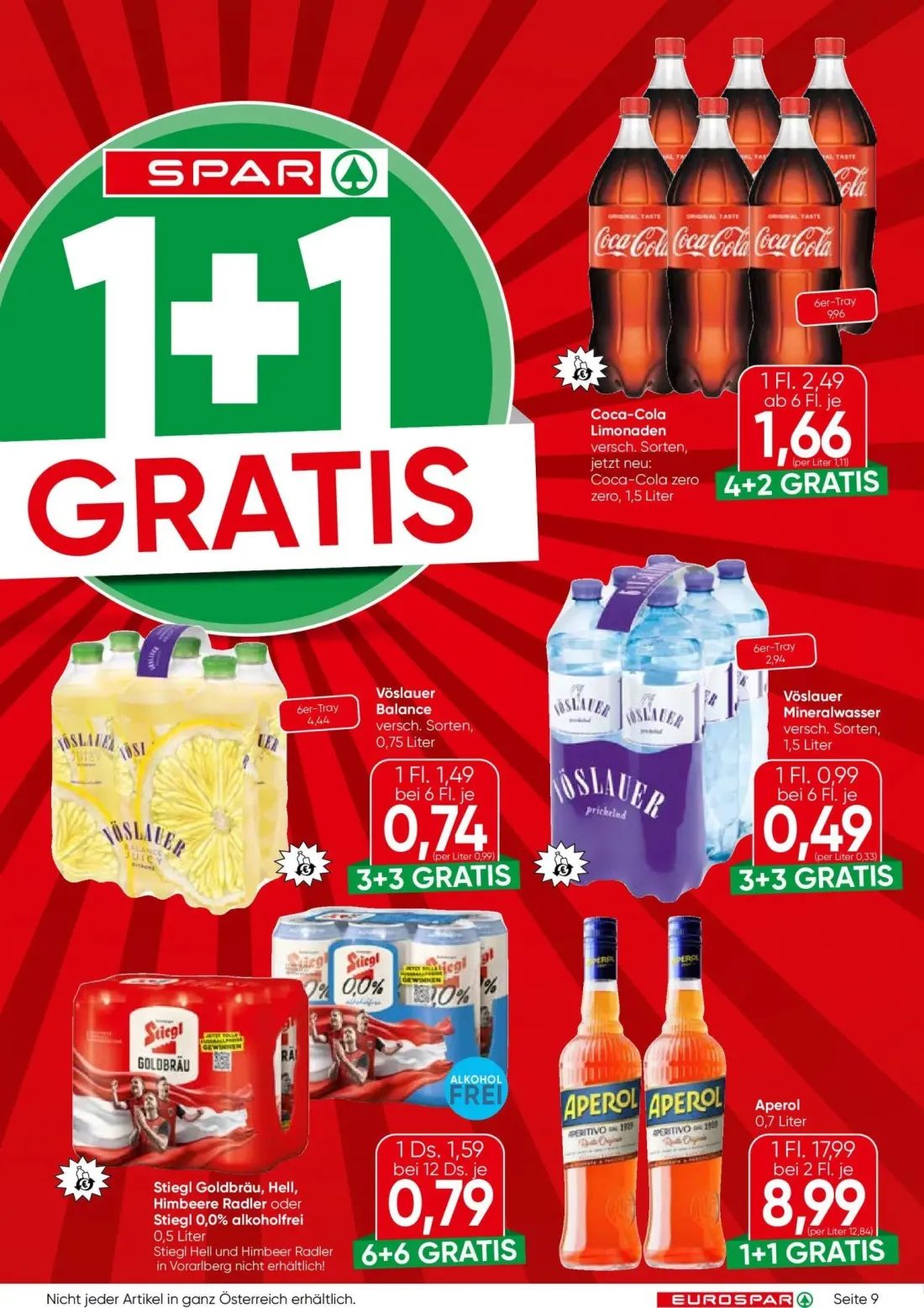 Eurospar Prospekt, Seite 9 von 16 — Coca-Cola Limonaden, Stiegl Goldbräu, Hell, Himbeere Radler oder Stiegl 0,0% alkoholfrei…