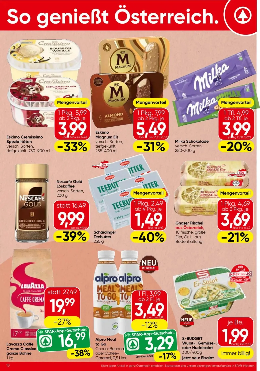 Spar Prospekt, Seite 10 von 12 — Lavazza Caffe Crema Classico ganze Bohne, Nescafe Gold Löskaffee, Eskimo Magnum Eis
