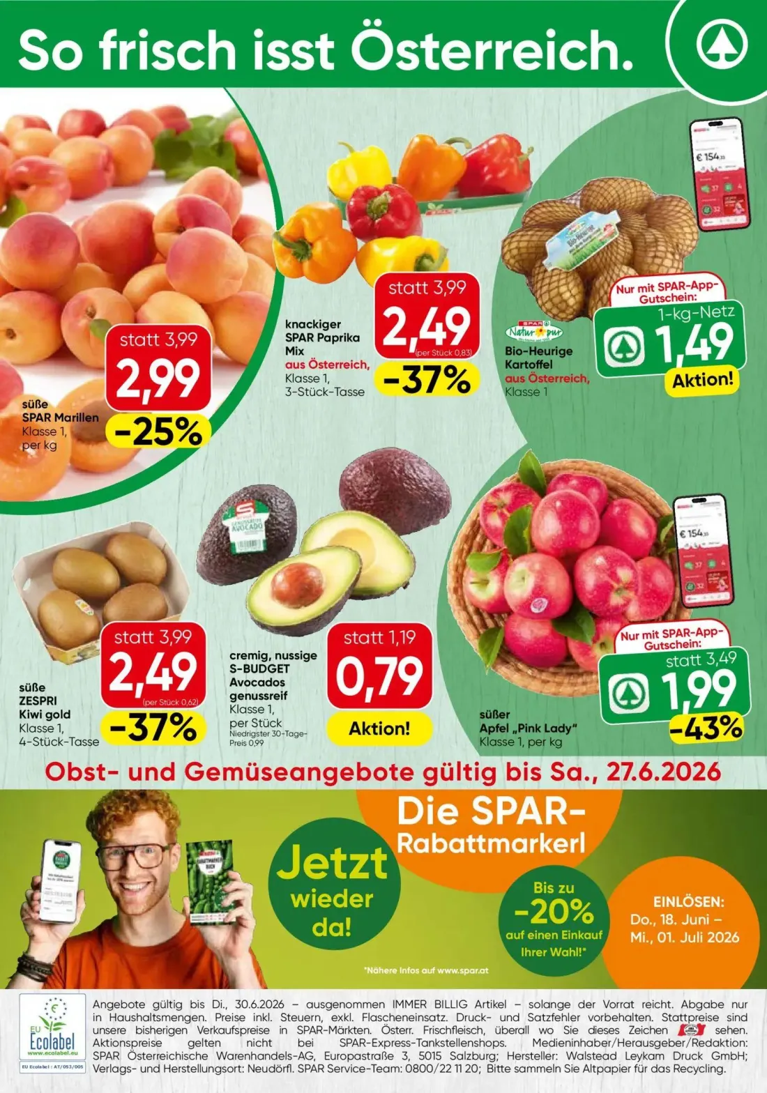 Spar Prospekt, Seite 12 von 12 — knackiger SPAR Paprika Mix, ZESPRI Kiwi gold, Apfel „Pink Lady"