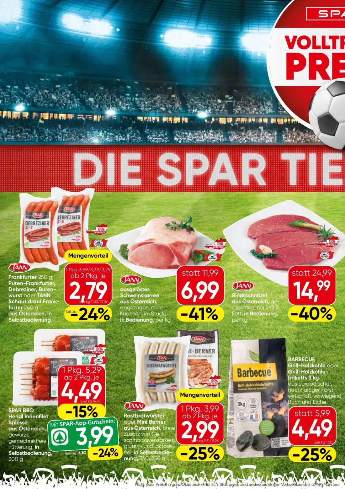 Spar Prospekt, Seite 4 von 22 — Rindsschnitzel aus Österreich, geschnitten, nur 2-3% Fett, in Bedienung, per kg, ausgelöstes…