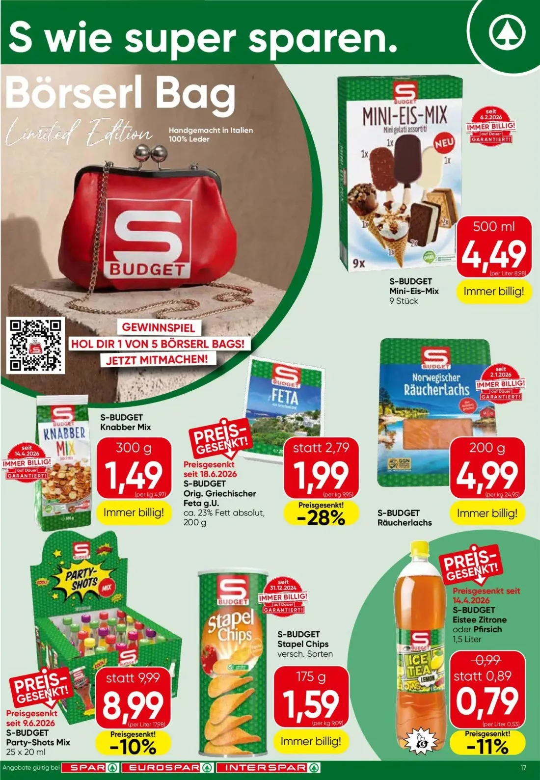 Spar Prospekt, Seite 17 von 22 — S-BUDGET Party-Shots Mix, S-BUDGET Orig. Griechischer Feta g.U., S-BUDGET Eistee Zitrone od…