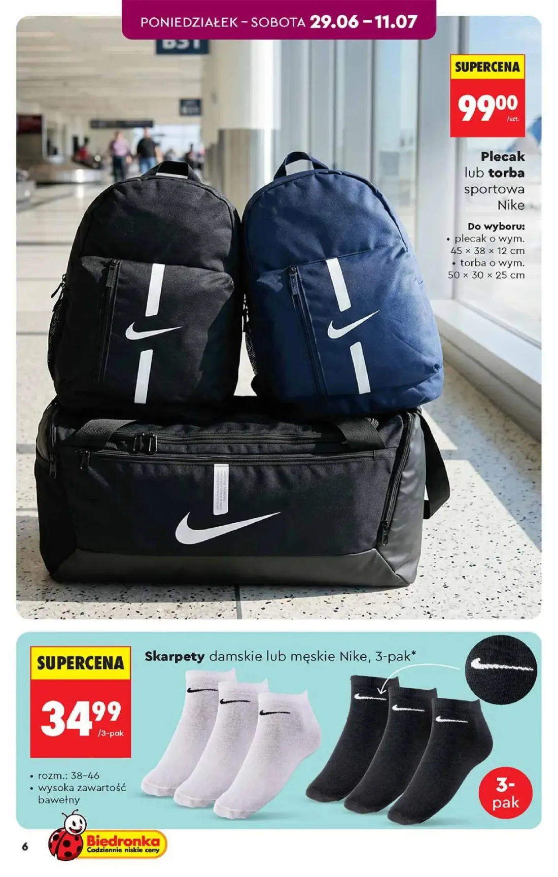 Biedronka gazetka, strona 6 z 48 — Plecak lub torba sportowa Nike, Skarpety damskie lub męskie Nike, 3-pak