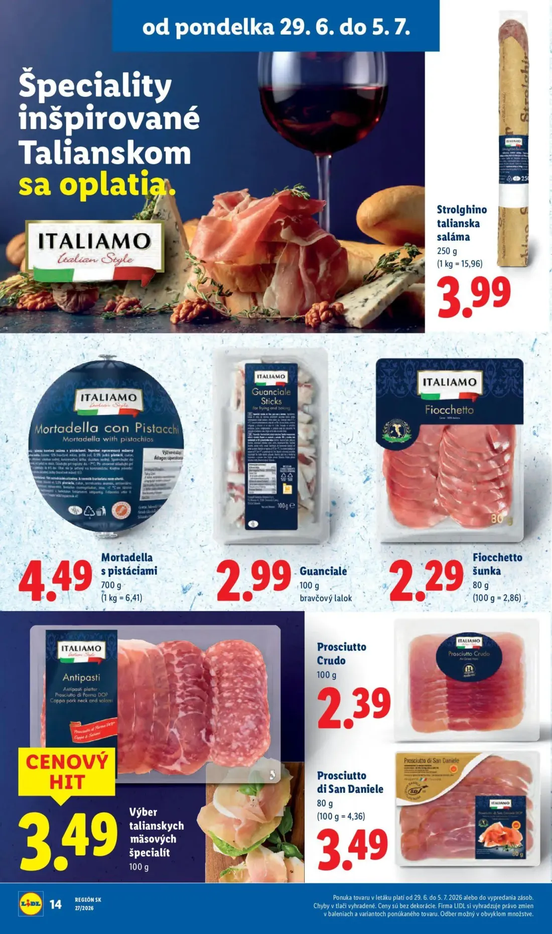 Lidl leták, strana 20 z 98 — Strolghino talianska saláma, Mortadella s pistáciami, Guanciale