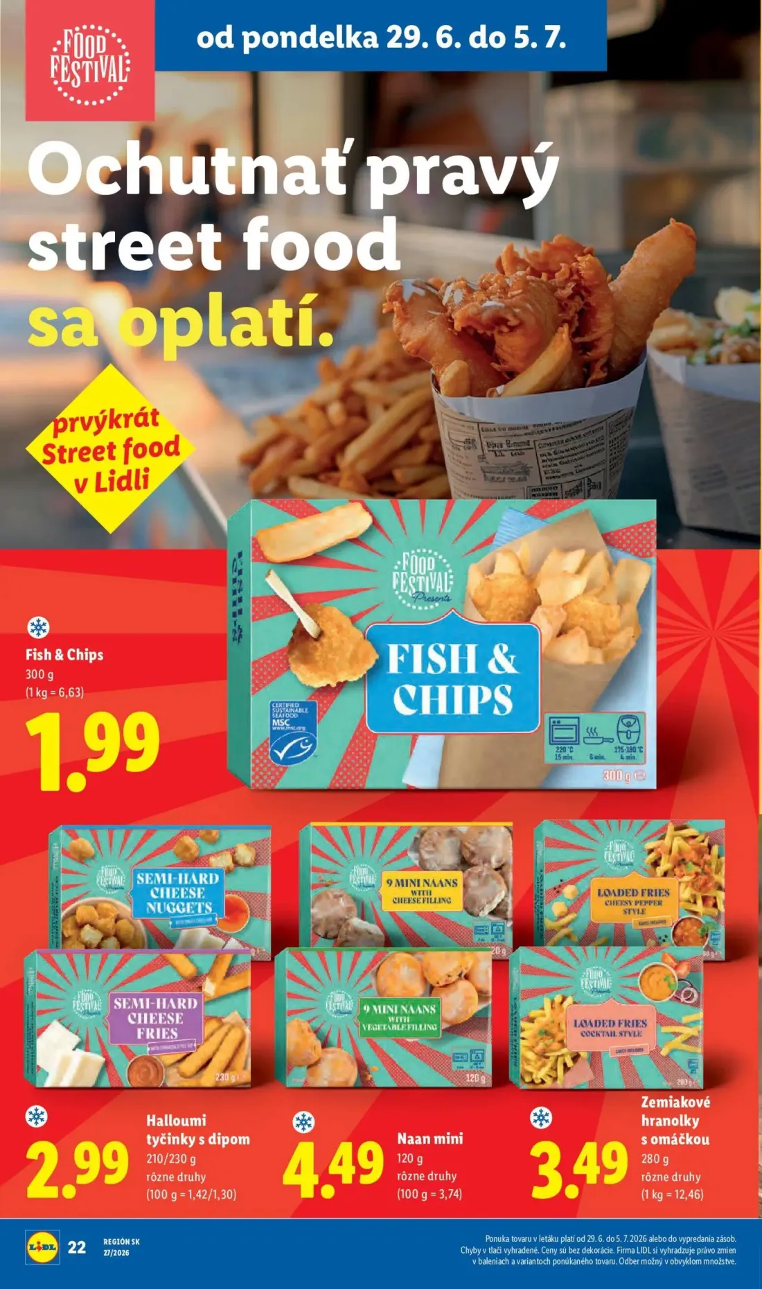 Lidl leták, strana 28 z 98 — Fish & Chips, Halloumi tyčinky s dipom, Naan mini