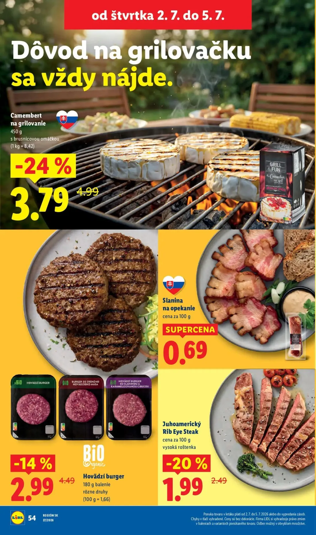 Lidl leták, strana 66 z 98 — Hovädzí burger, Camembert na grilovanie, Juhoamerický Rib Eye Steak