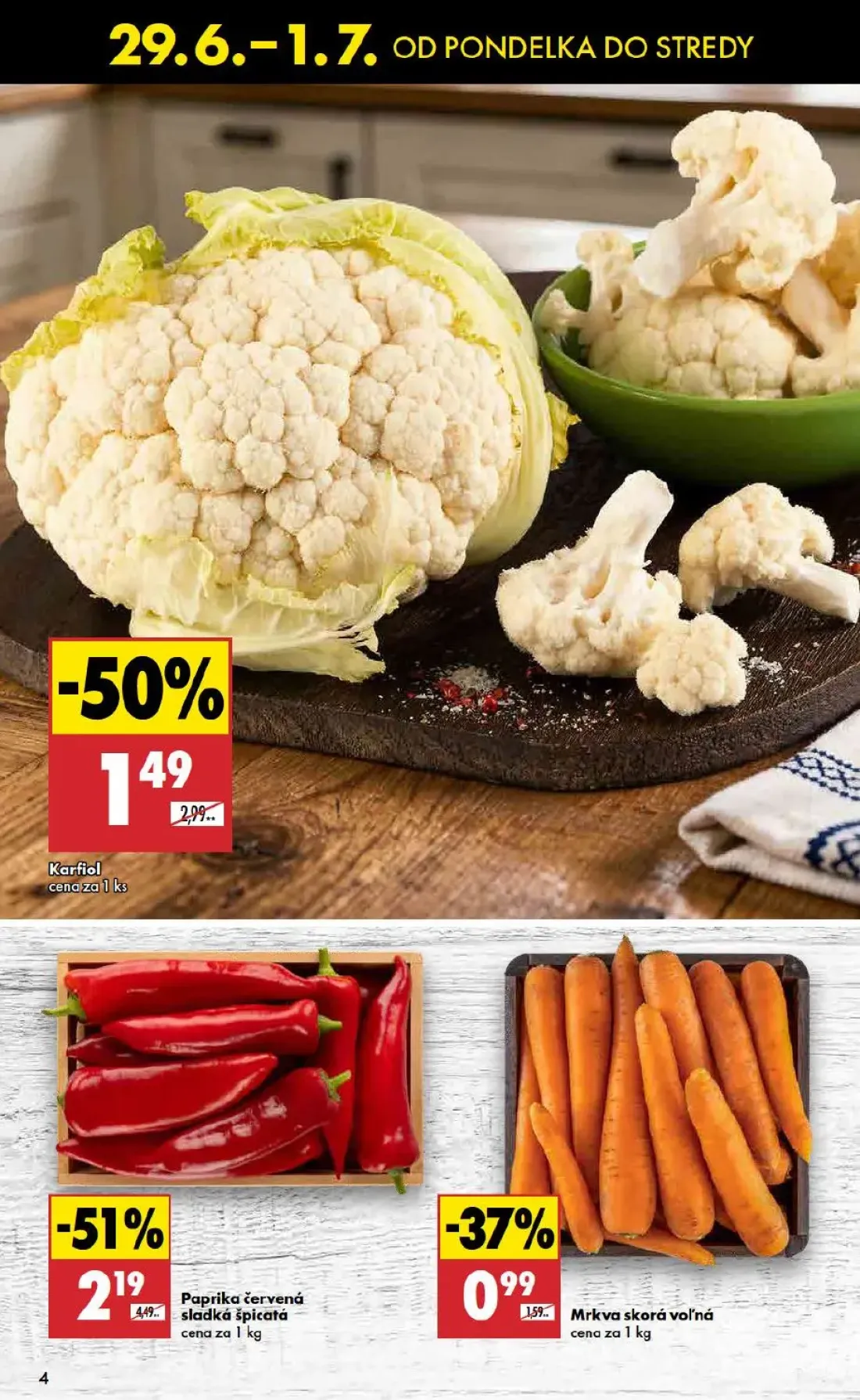 Biedronka leták, strana 4 z 10 — Paprika červená sladká špicatá, Karfiol, Mrkva skorá voľná