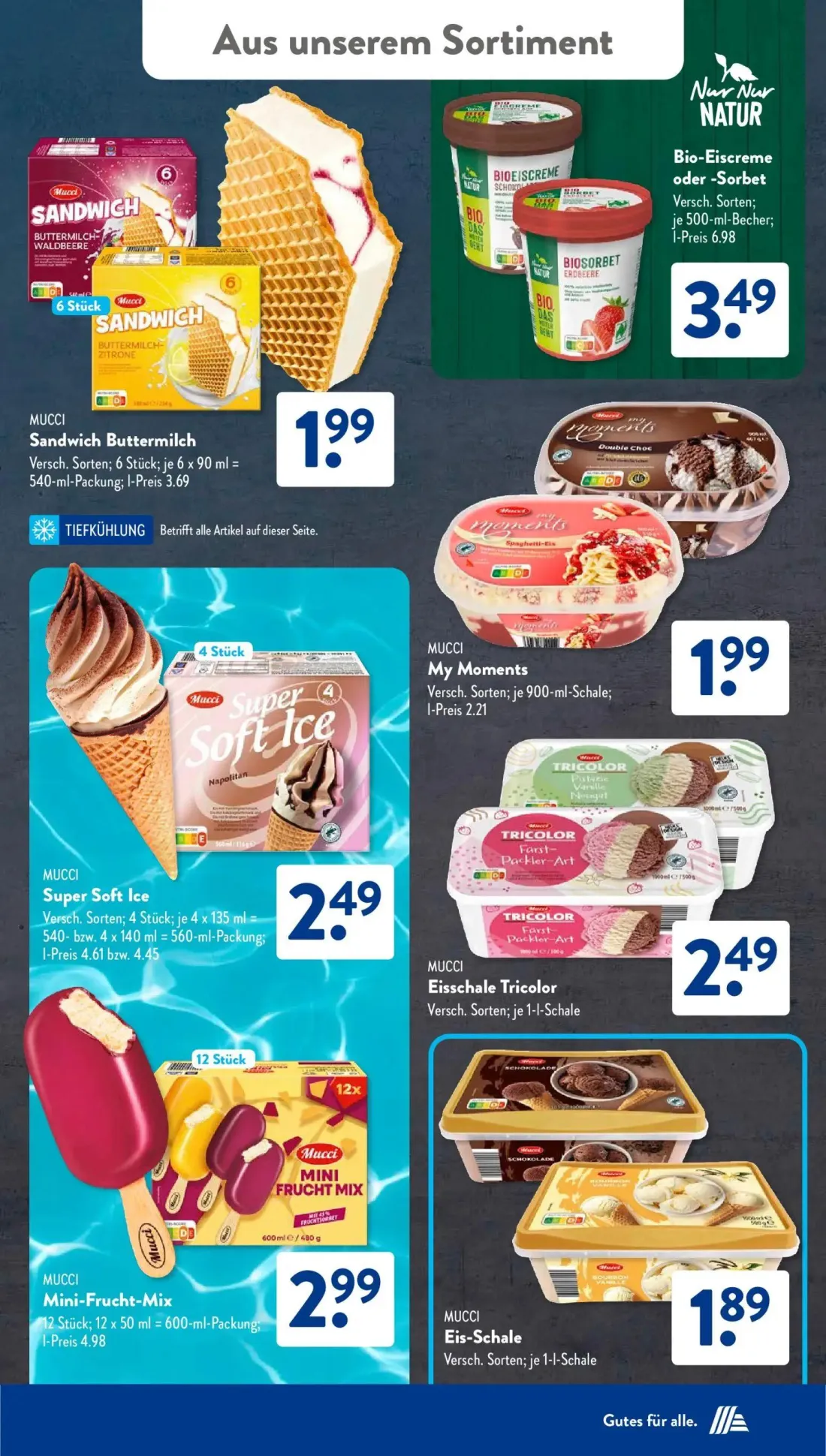Aldi Süd Prospekt, Seite 19 von 24 — Bio-Eiscreme oder -Sorbet, Mucci Sandwich Buttermilch, Mucci Super Soft Ice