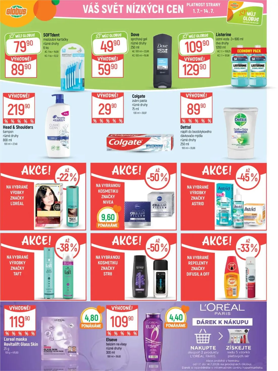 GLOBUS leták, strana 32 z 47 — Listerine ústní voda, Dove sprchový gel, Head & Shoulders šampon