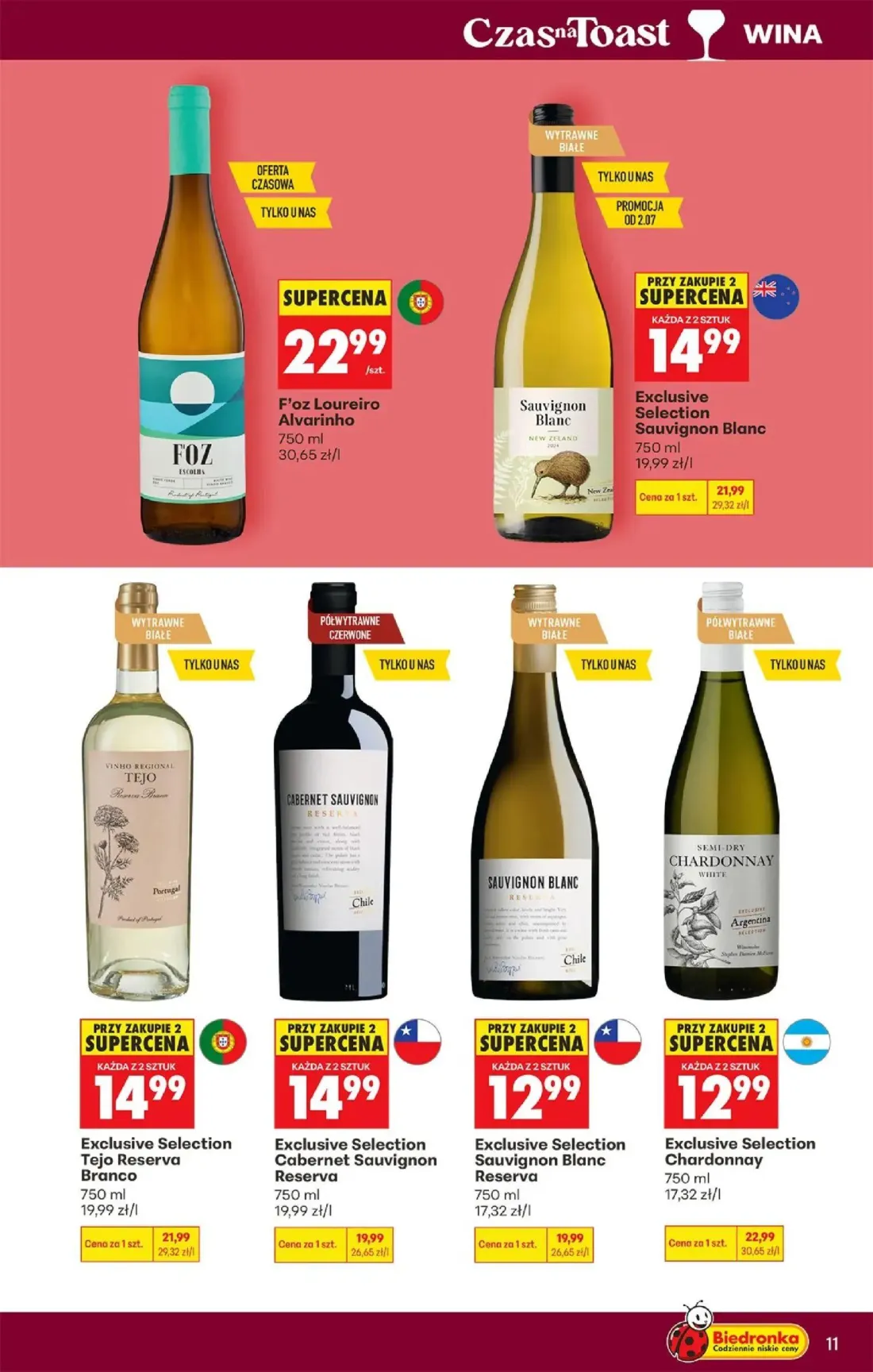 Biedronka gazetka, strona 11 z 36 — Exclusive Selection Chardonnay, Exclusive Selection Sauvignon Blanc, Exclusive Selection…