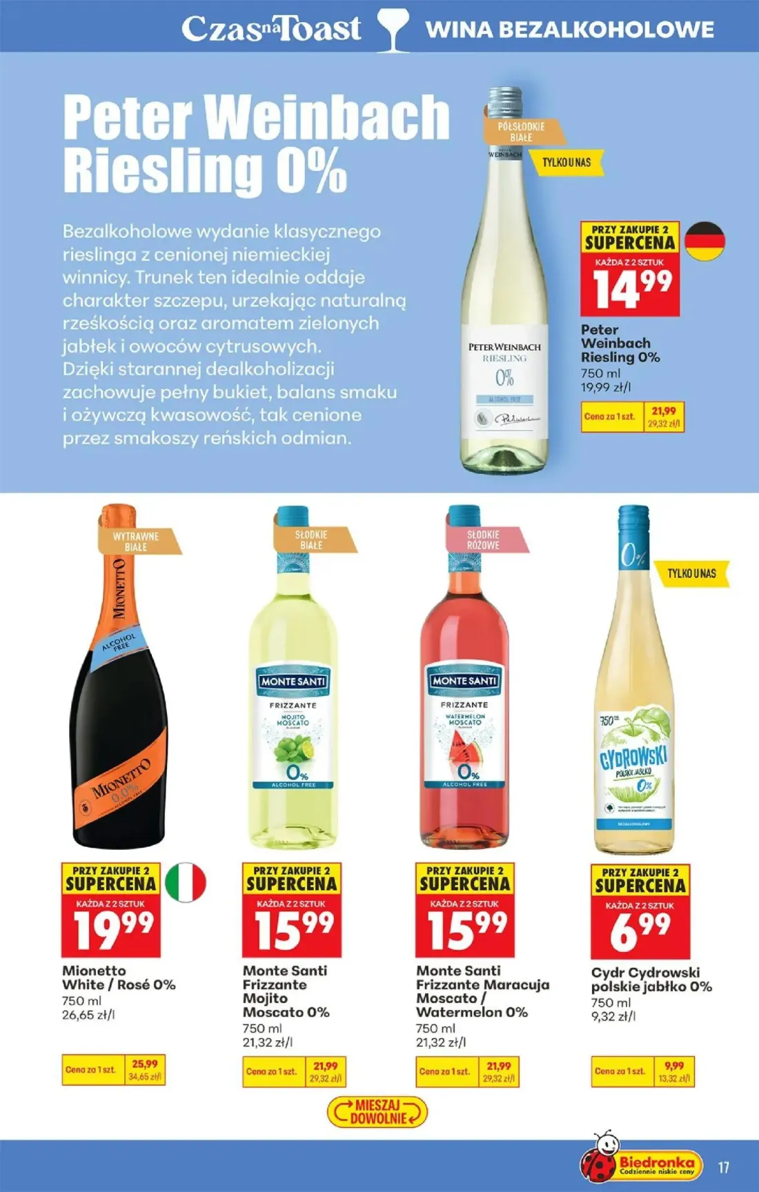 Biedronka gazetka, strona 17 z 36 — Peter Weinbach Riesling 0%, Mionetto White / Rosé 0%, Monte Santi Frizzante Mojito Mosca…