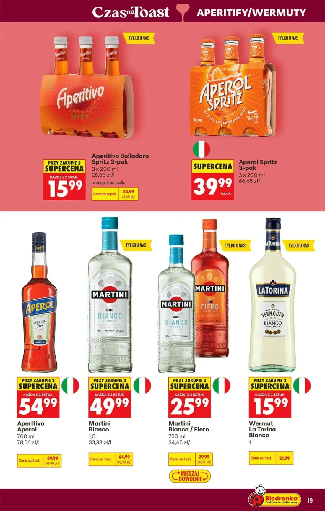 Biedronka gazetka, strona 19 z 36 — Aperitivo Aperol, Martini Bianco, Aperitivo Bolladoro Spritz 3-pak