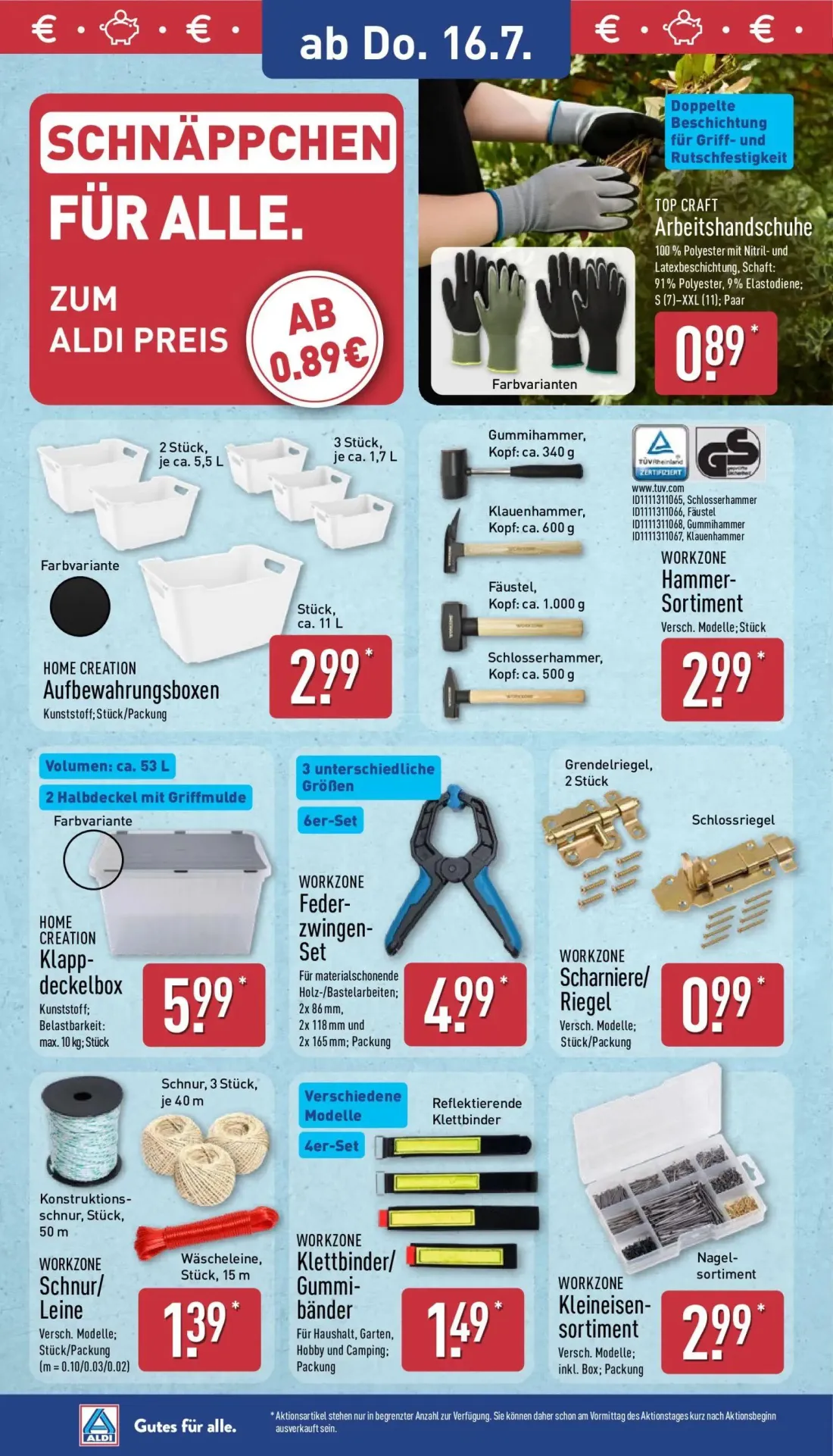 Aldi Nord Prospekt, Seite 10 von 13 — TOP CRAFT Arbeitshandschuhe, HOME CREATION Aufbewahrungsboxen, WORKZONE Hammer-Sortime…