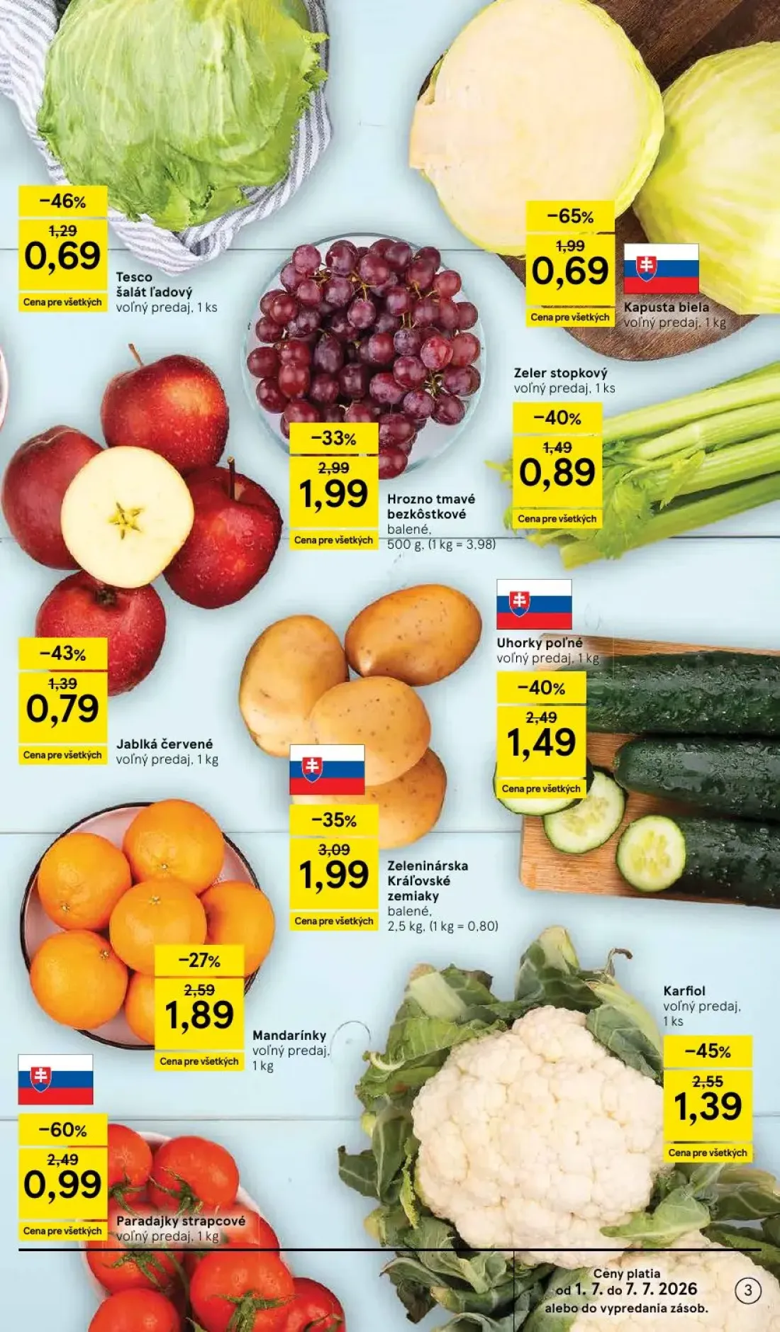 Tesco Supermarket leták, strana 3 z 25 — Hrozno tmavé bezkôstkové balené, Mandarínky, Tesco šalát ľadový