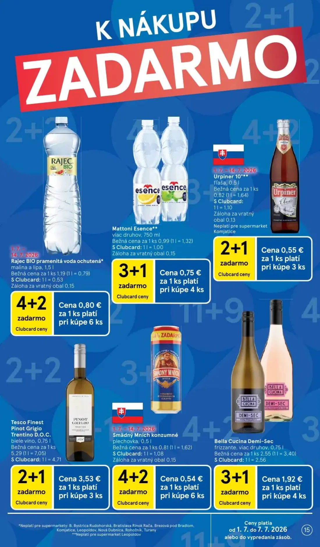 Tesco Supermarket leták, strana 15 z 25 — Rajec BIO pramenitá voda ochutená* malina a lipa, Mattoni Esence** viac druhov