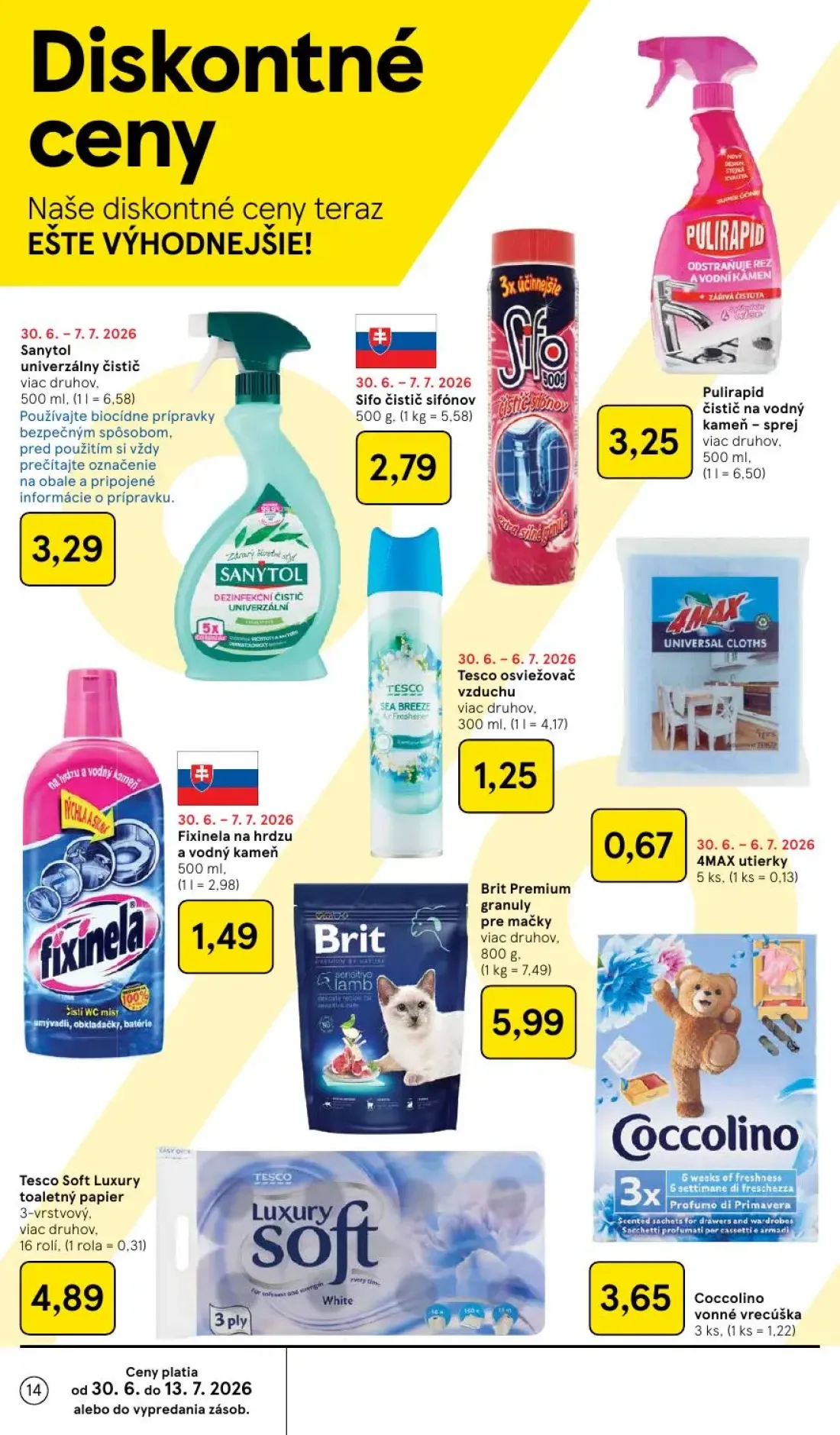 Tesco leták, strana 14 z 48 — Sanytol univerzálny čistič, Sifo čistič sifónov, Pulirapid čistič na vodný kameň - sprej