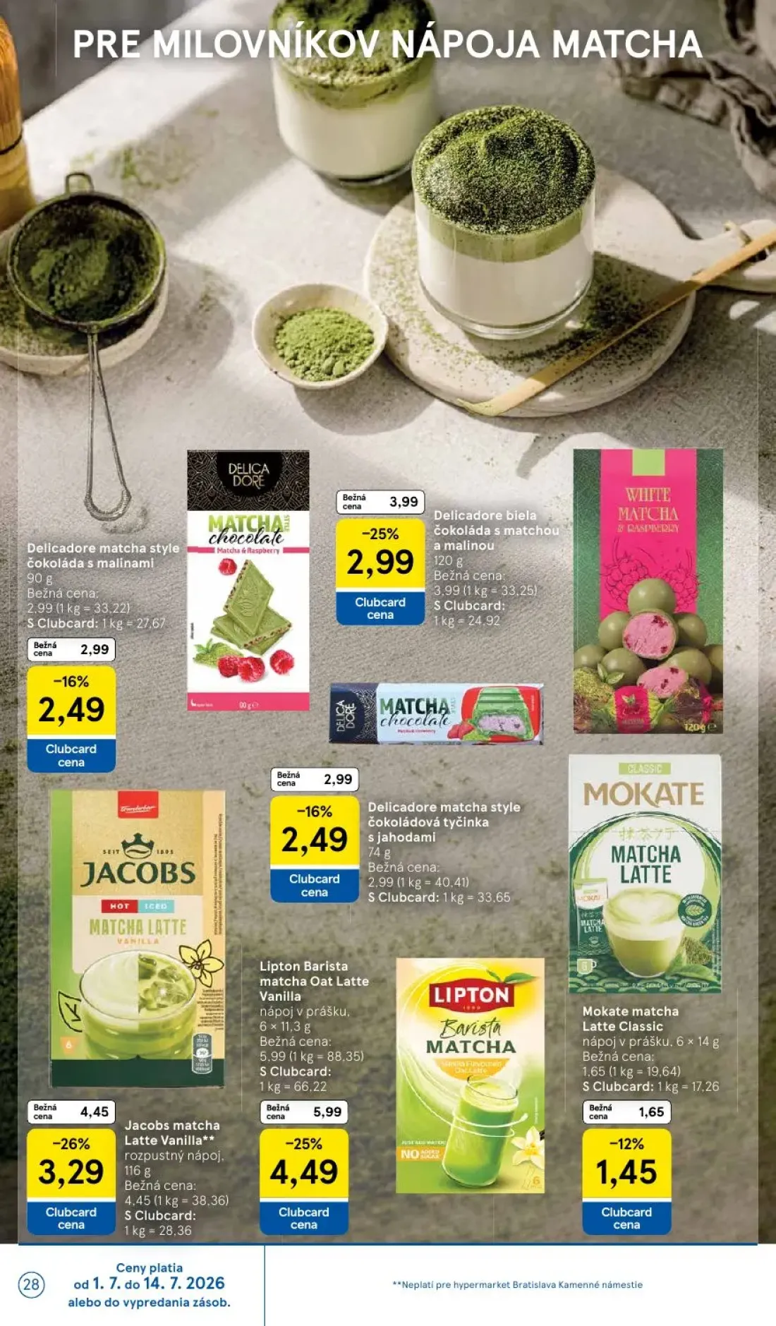 Tesco leták, strana 28 z 48 — Lipton Barista matcha Oat Latte Vanilla, Jacobs matcha Latte Vanilla** rozpustný nápoj, Delica…