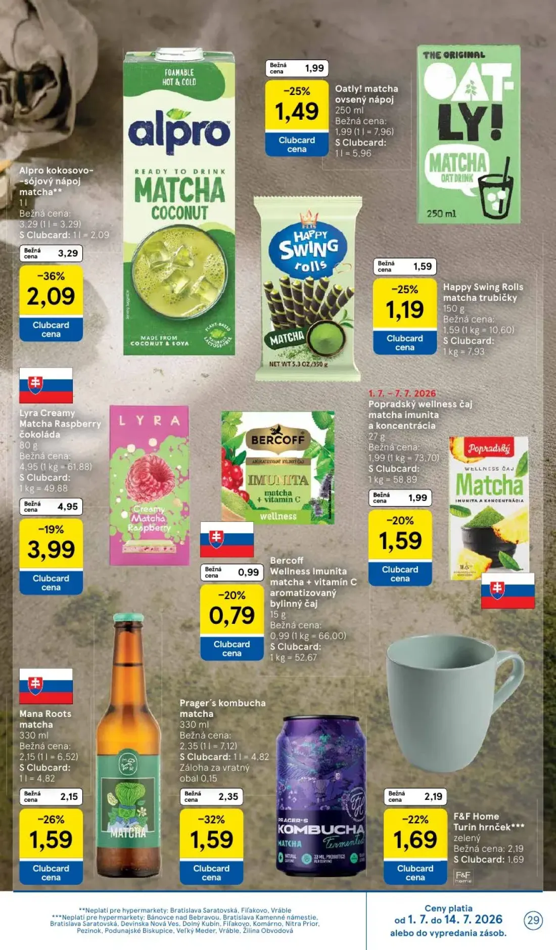 Tesco leták, strana 29 z 48 — Alpro kokosovo-sójový nápoj matcha, Lyra Creamy Matcha Raspberry čokoláda, Prager's kombucha m…