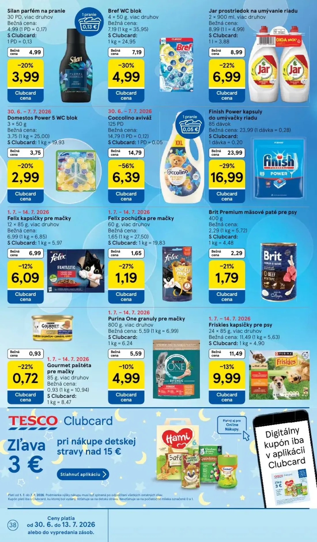 Tesco leták, strana 38 z 48 — Coccolino aviváž, Finish Power kapsuly do umývačky riadu, Bref WC blok