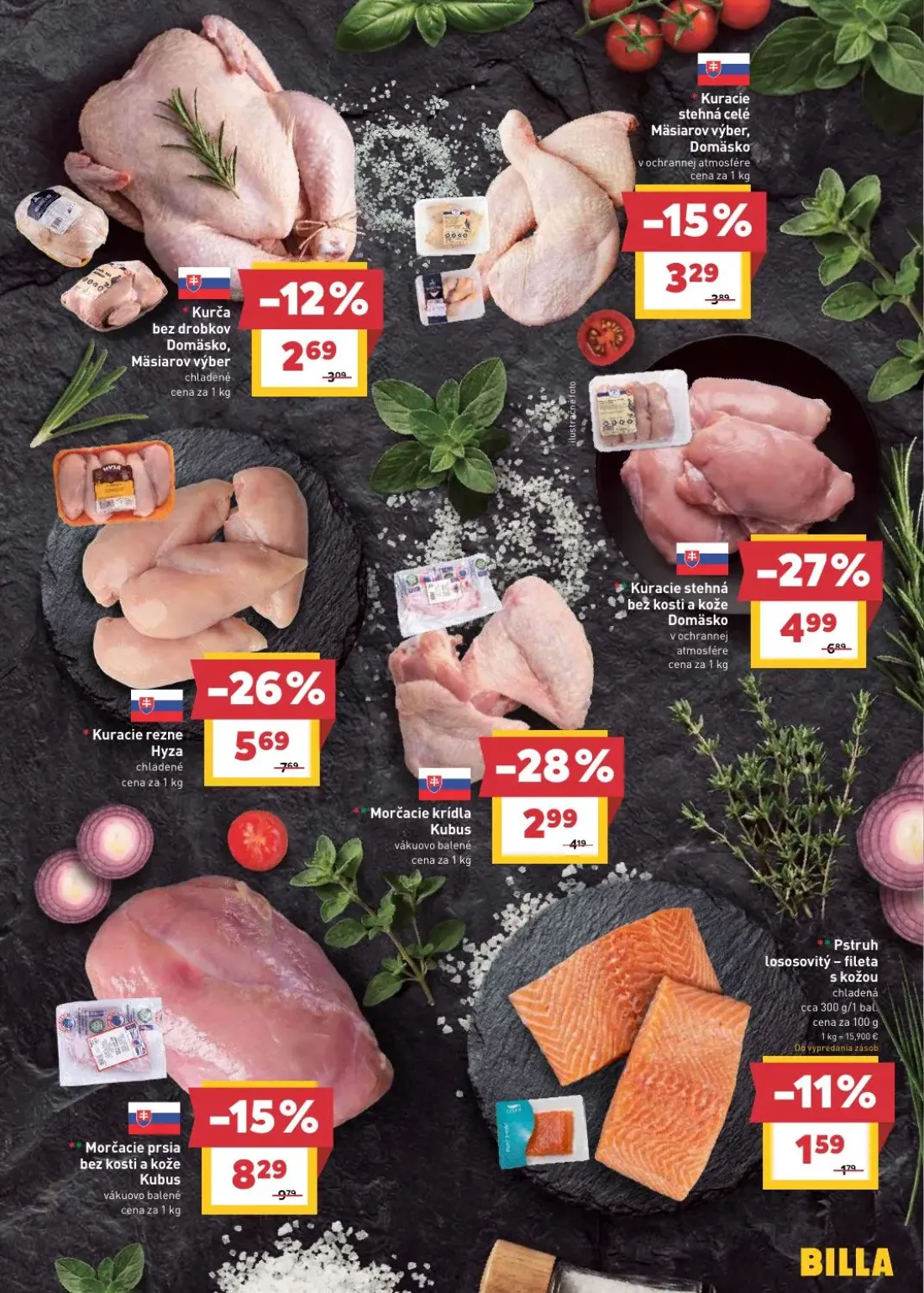 Billa leták, strana 5 z 28 — Kuracie rezne Hyza, Kuracie stehná celé Mäsiarov výber, Domäsko, Kurča bez drobkov Domäsko, Mäs…