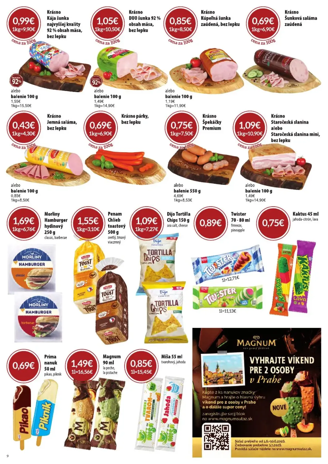 Cba Komfos leták, strana 9 z 24 — Morliny Hamburger hydinový, Penam Chlieb toastový, Dijo Tortilla Chips