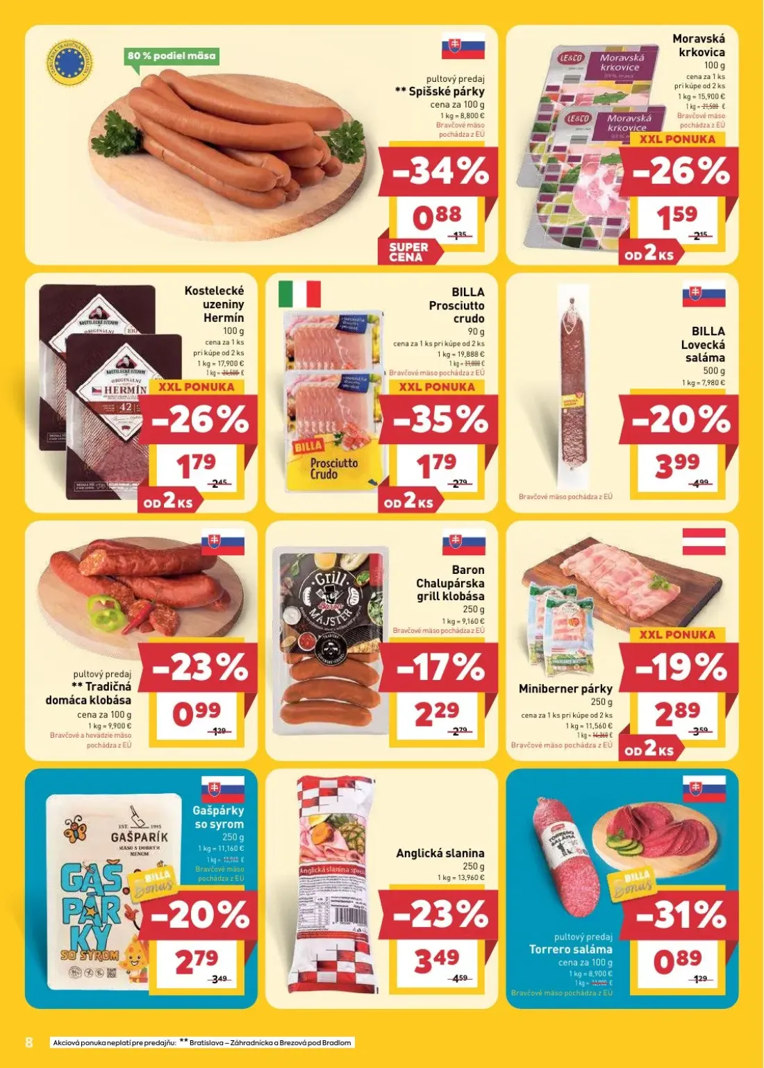Billa leták, strana 8 z 28 — BILLA Prosciutto crudo, BILLA Lovecká saláma, Baron Chalupárska grill klobása