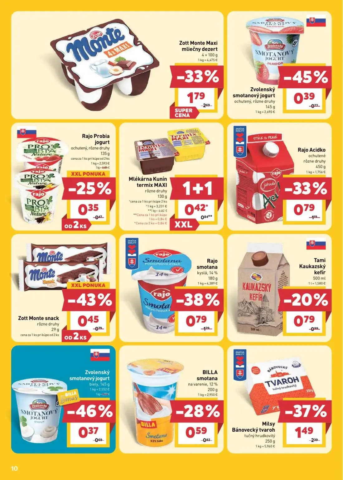 Billa leták, strana 10 z 28 — Zott Monte Maxi mliečny dezert, Milsy Bánovecký tvaroh, Rajo smotana kyslá, 14%