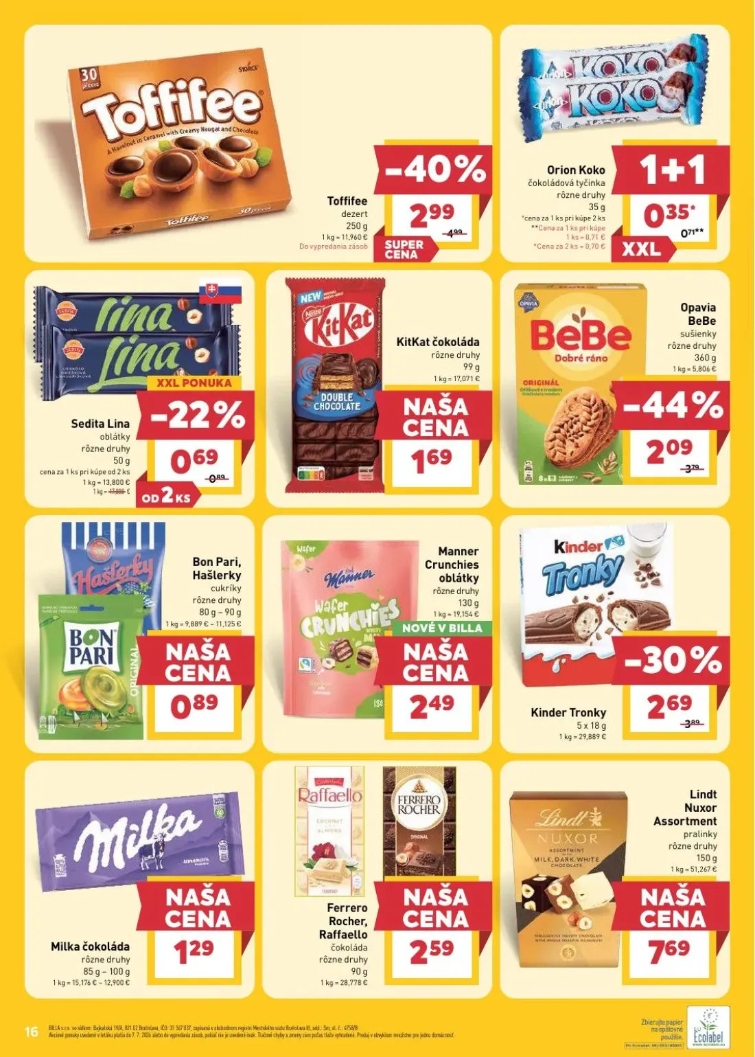 Billa leták, strana 16 z 28 — Toffifee, Opavia BeBe, Kinder Tronky