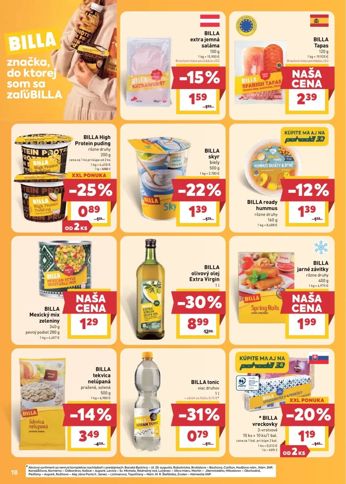 Billa leták, strana 18 z 28 — BILLA olivový olej Extra Virgin, BILLA tekvica nelúpaná pražená, solená, BILLA skyr biely