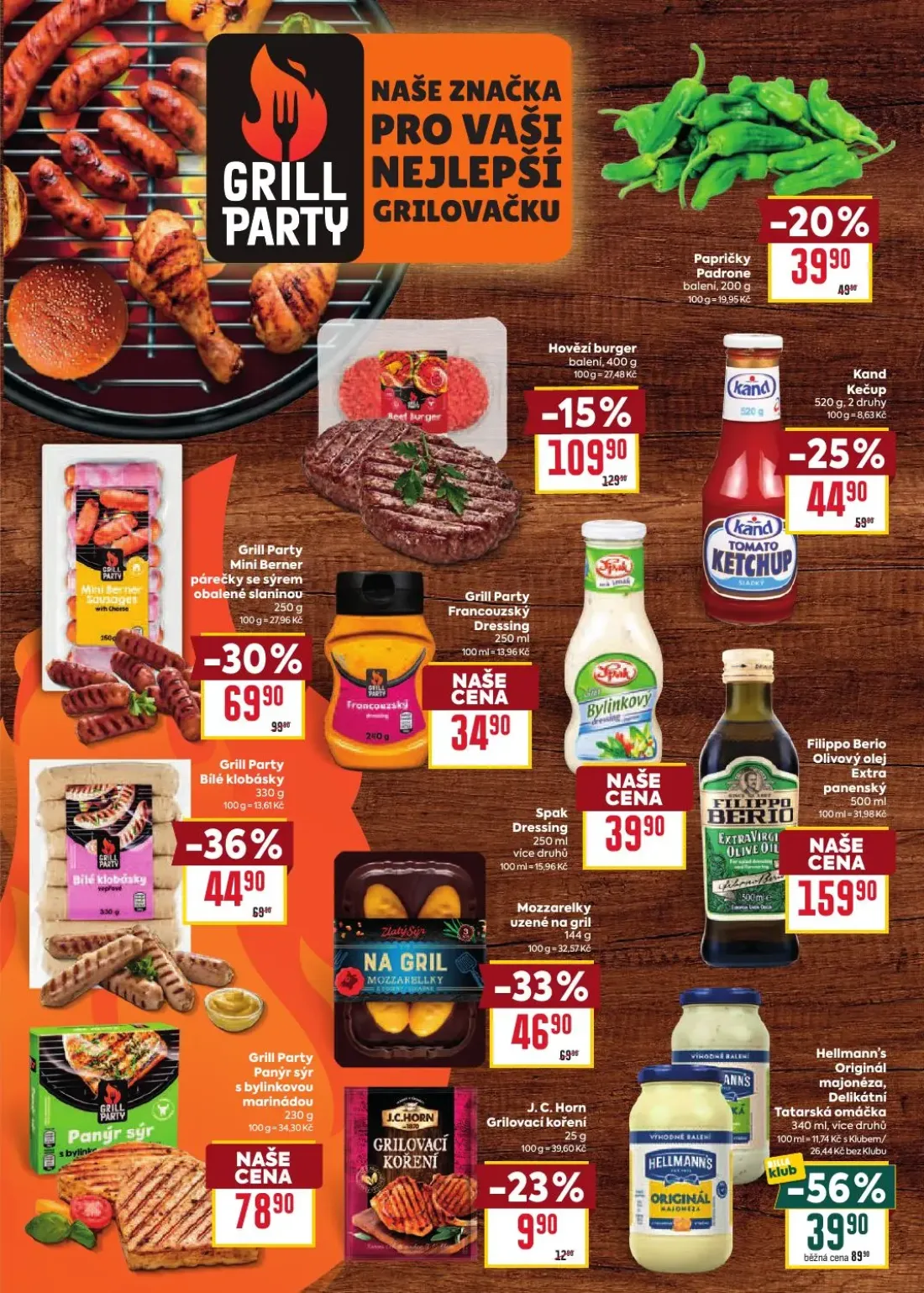 Billa leták, strana 15 z 31 — Grill Party Mini Berner párečky se sýrem obalené slaninou, Grill Party Bílé klobásky, Hovězí b…