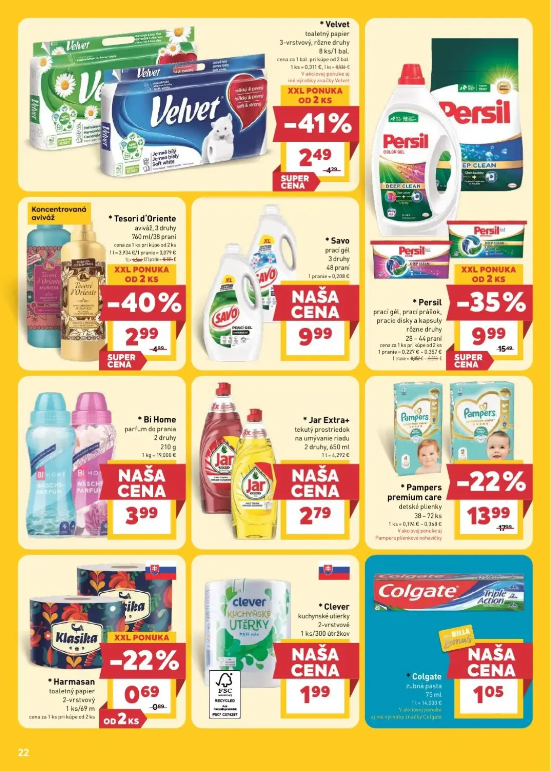 Billa leták, strana 22 z 28 — Persil prací gél, prací prášok, pracie disky a kapsuly, Tesori d'Oriente aviváž, Velvet toalet…
