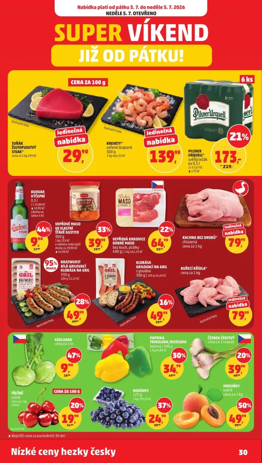 PENNY leták, strana 30 z 34 — MERUŇKY volné, BRATWURST BÍLÁ GRILOVACÍ KLOBÁSA NA GRIL, PAPRIKA TRIKOLORA/BICOLORA balená