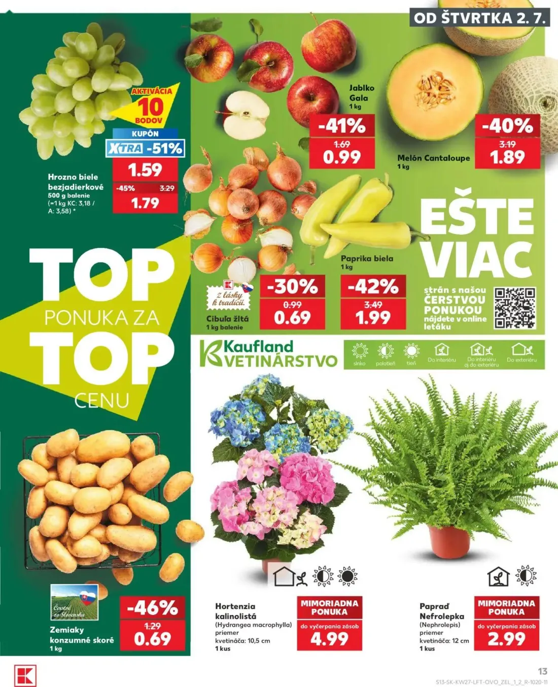 Kaufland leták, strana 13 z 80 — Hrozno biele bezjadierkové, Paprika biela, Melón Cantaloupe