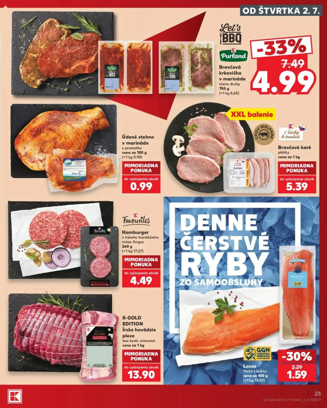 Kaufland leták, strana 23 z 80 — Bravčová krkovička v marináde, Losos fileta s kožou, Údené stehno v marináde z prasiatka