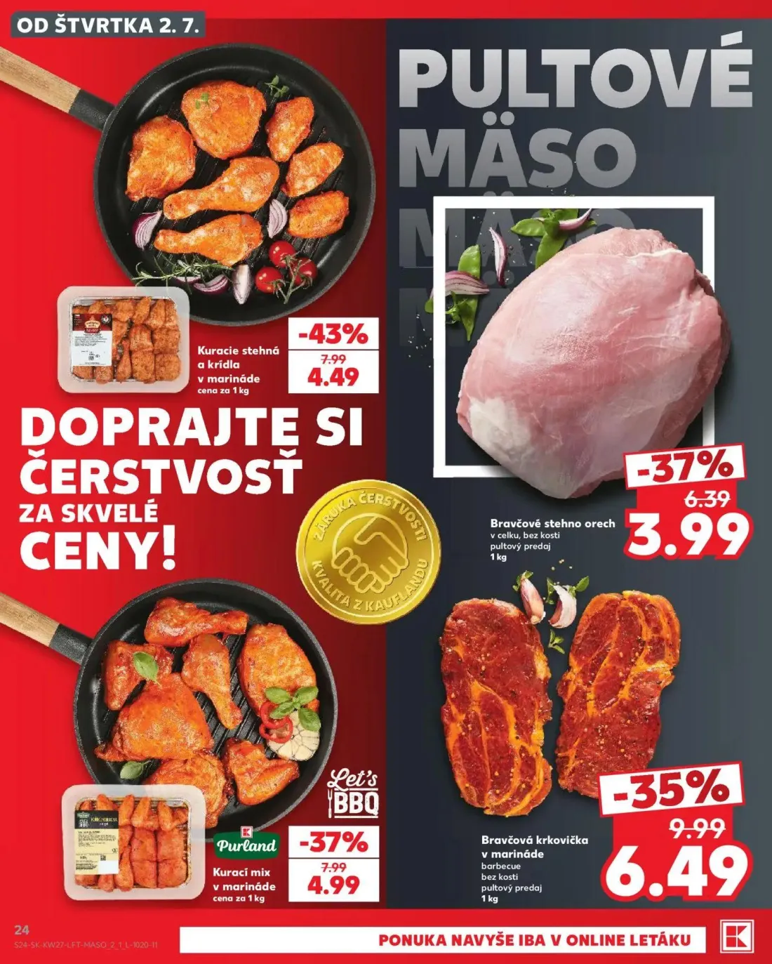 Kaufland leták, strana 24 z 80 — Kuracie stehná a krídla v marináde, Bravčová krkovička v marináde barbecue bez kosti, Kurac…