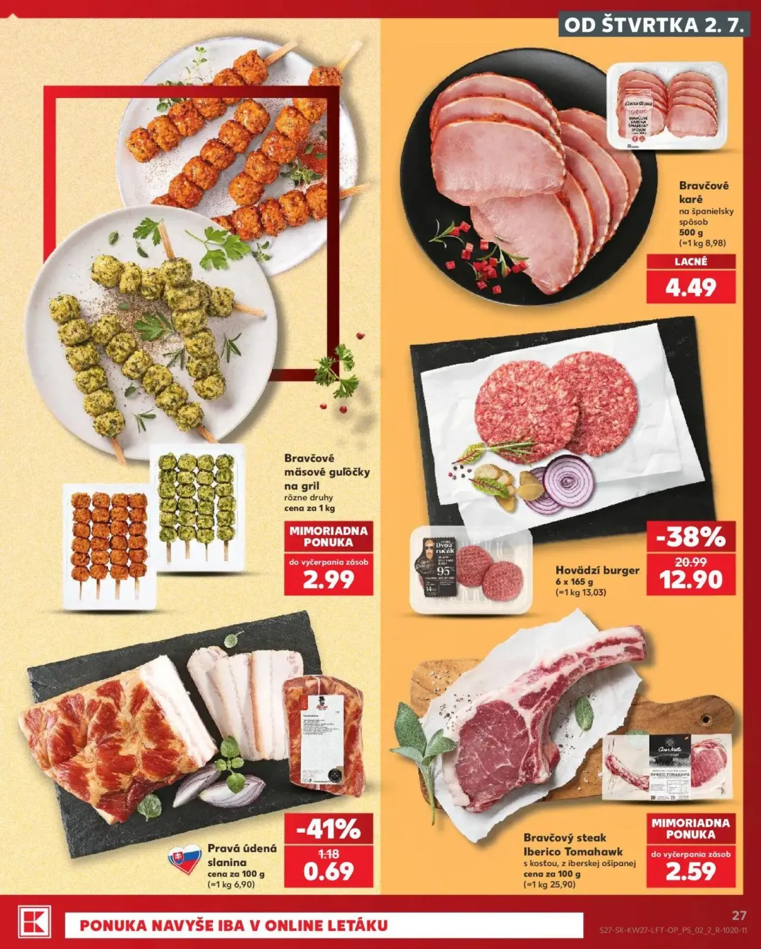Kaufland leták, strana 27 z 80 — Hovädzí burger, Pravá údená slanina, Bravčové mäsové gulôčky na gril