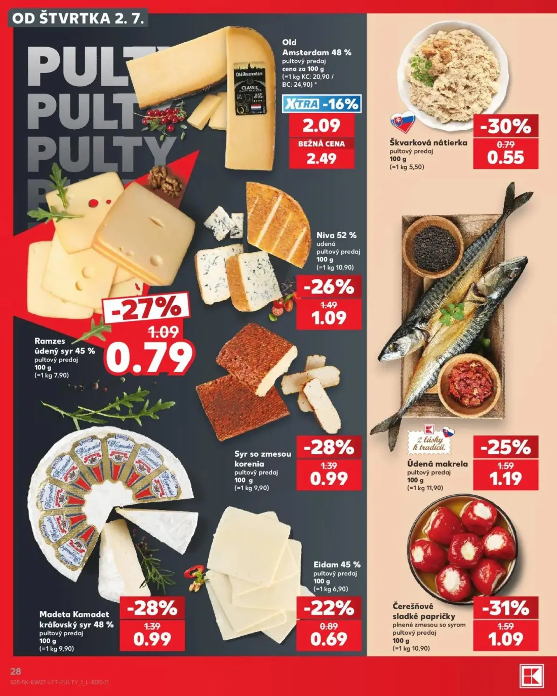 Kaufland leták, strana 28 z 80 — Old Amsterdam 48%, Niva 52% udená, Syr so zmesou korenia