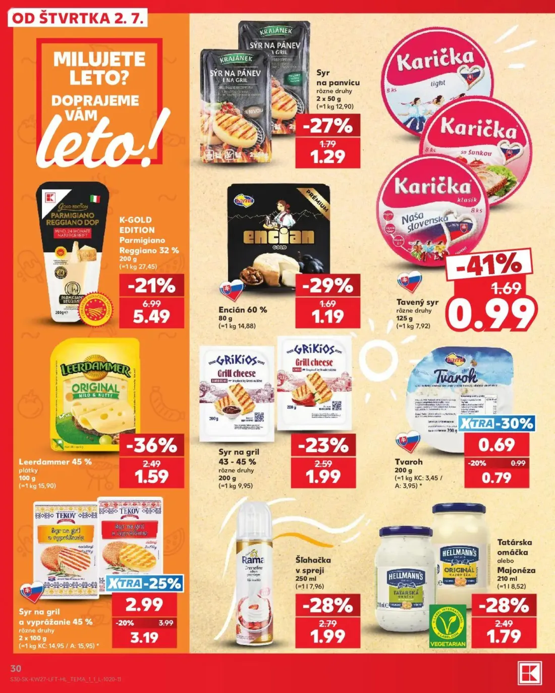 Kaufland leták, strana 30 z 80 — K-GOLD EDITION Parmigiano Reggiano 32%, Syr na gril a vyprážanie 45%, Leerdammer 45% plátky