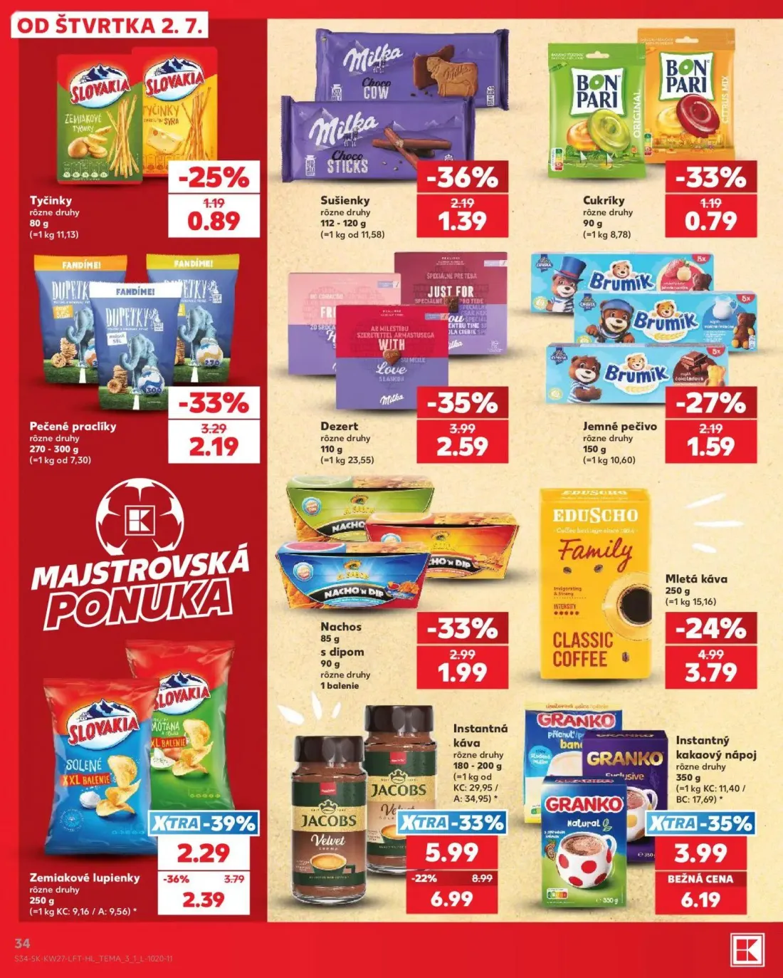 Kaufland leták, strana 34 z 80 — Instantná káva Jacobs, Zemiakové lupienky, Dezert Milka