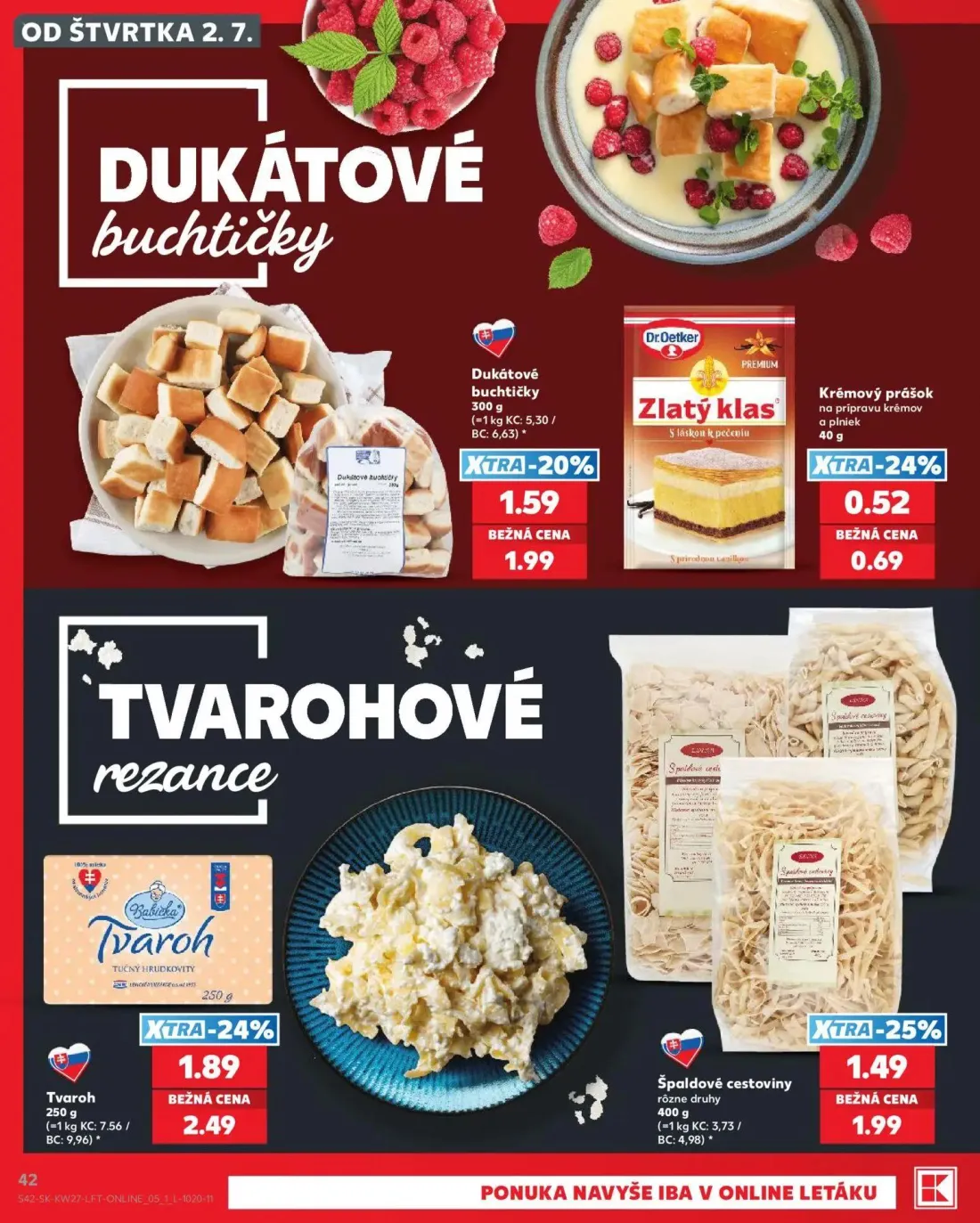 Kaufland leták, strana 42 z 80 — Tvaroh, Špaldové cestoviny, Dukátové buchtičky
