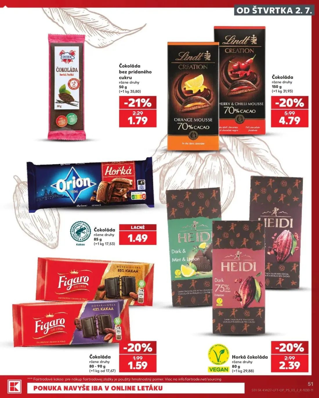 Kaufland leták, strana 51 z 80 — Čokoláda, Horká čokoláda, Čokoláda bez pridaného cukru