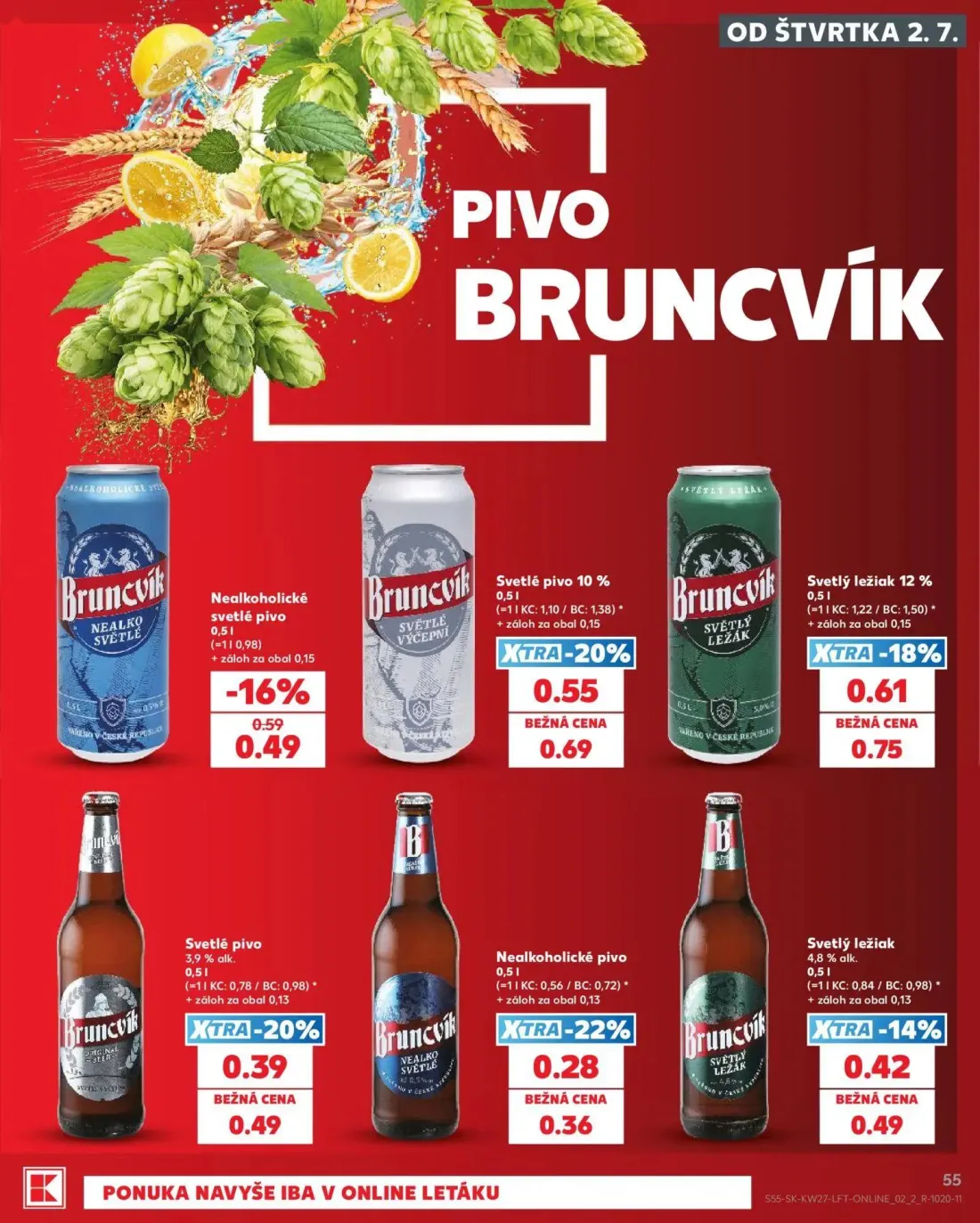 Kaufland leták, strana 55 z 80 — Svetlé pivo 10%, Svetlý ležiak 12%, Nealkoholické svetlé pivo